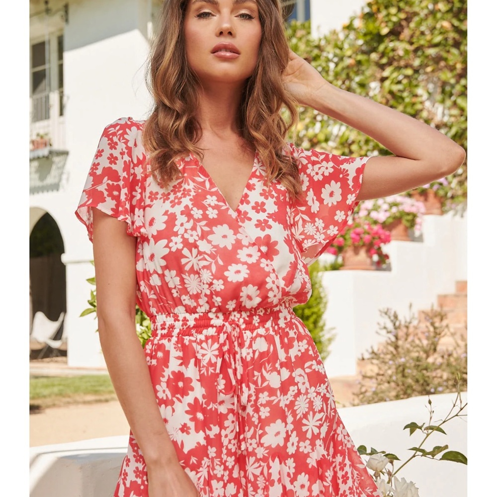 Floral Red and White Dress